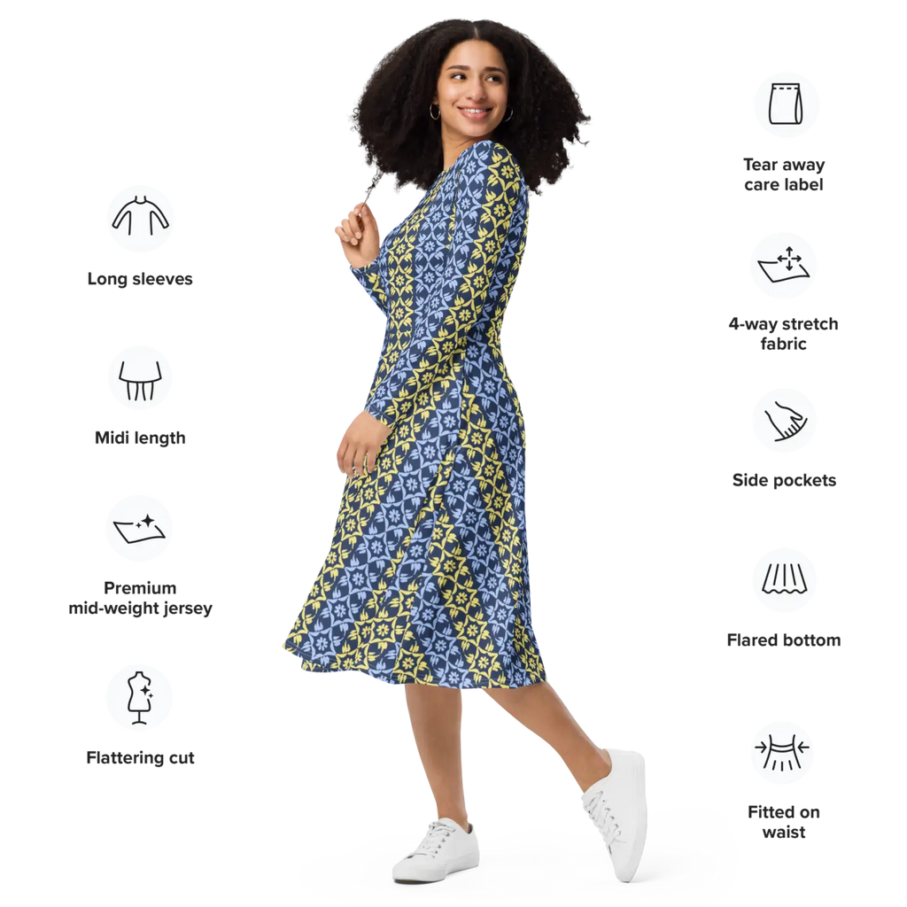 Vibrant Blue and Yellow Long Sleeve Midi Dress - DipaliZ
