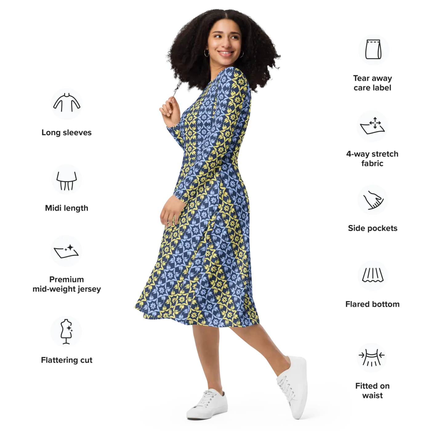 Vibrant Blue and Yellow Long Sleeve Midi Dress - DipaliZ