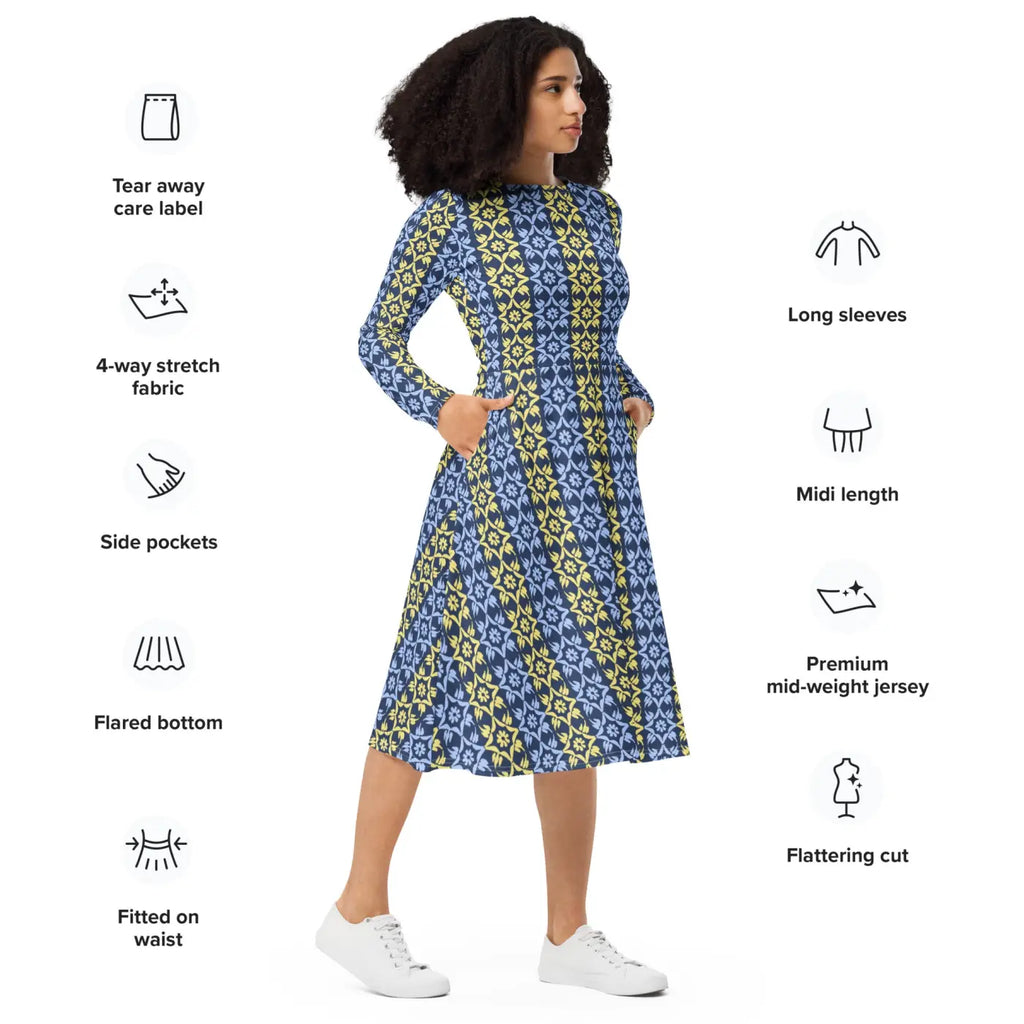 Vibrant Blue and Yellow Long Sleeve Midi Dress - DipaliZ