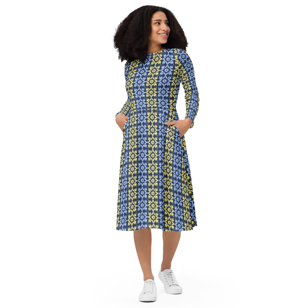 Vibrant Blue and Yellow Long Sleeve Midi Dress - DipaliZ