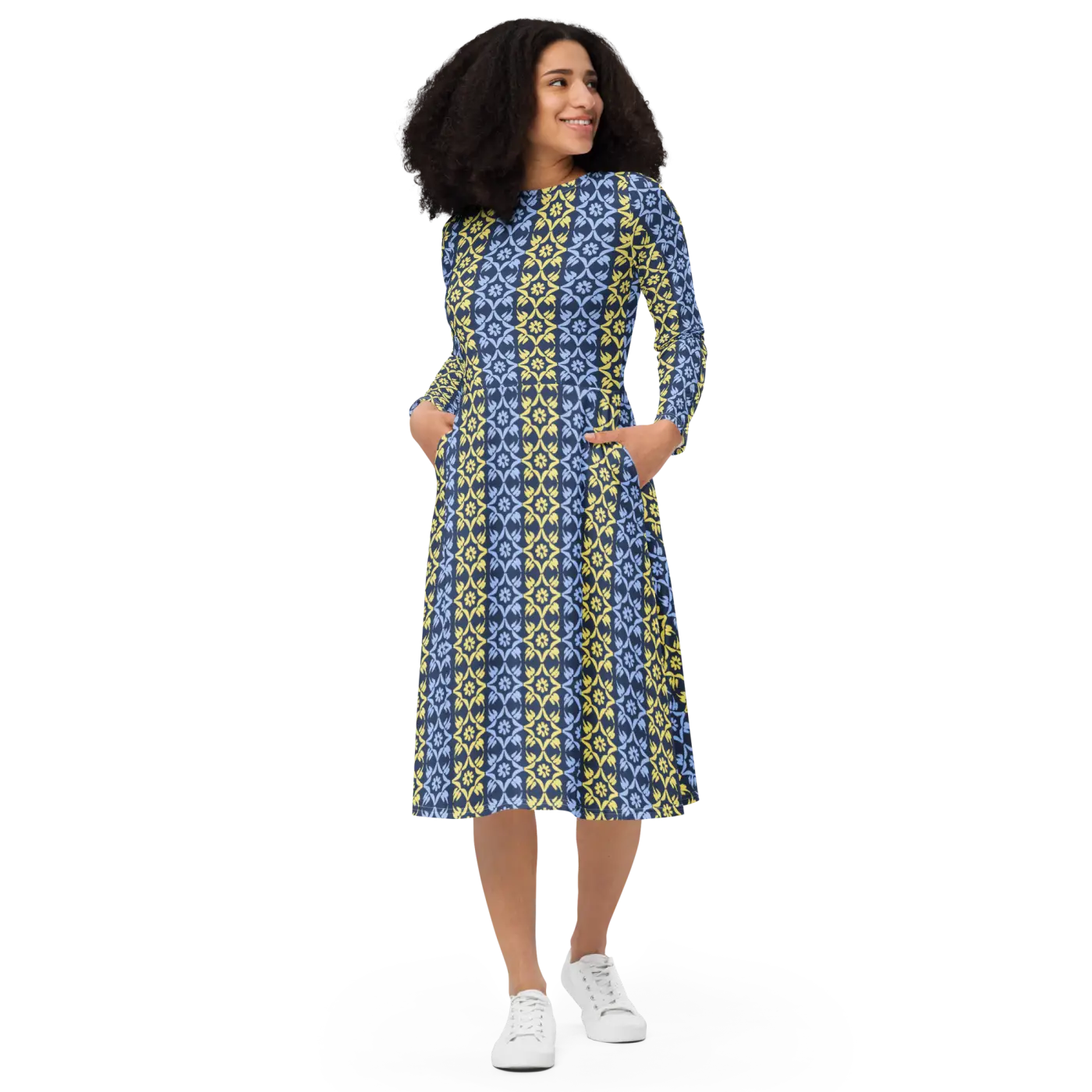 Vibrant Blue and Yellow Long Sleeve Midi Dress - DipaliZ
