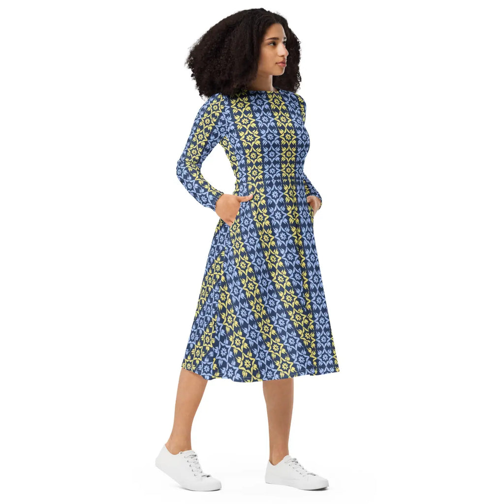 Vibrant Blue and Yellow Long Sleeve Midi Dress - DipaliZ
