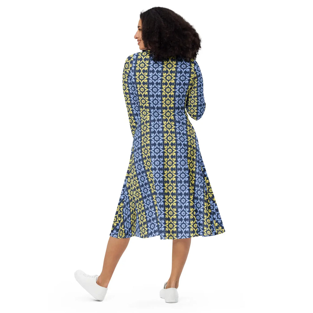 Vibrant Blue and Yellow Long Sleeve Midi Dress - DipaliZ