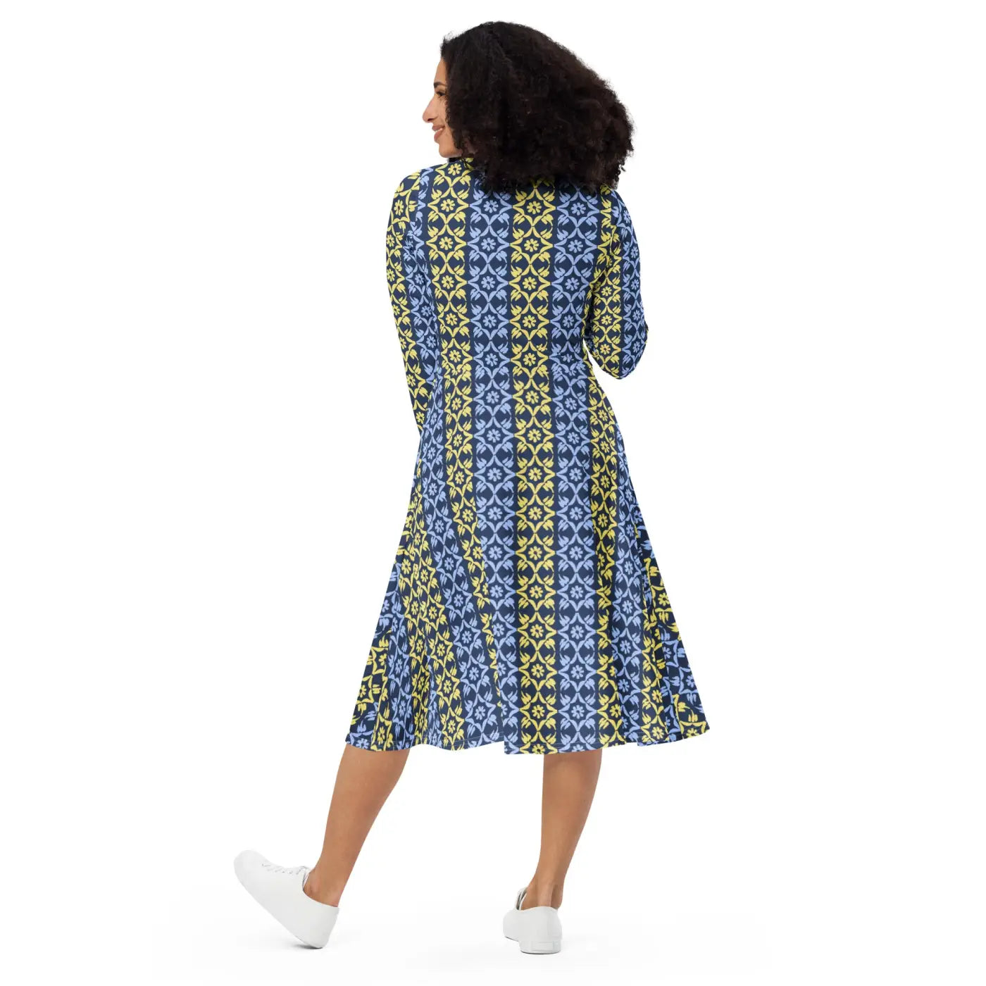 Vibrant Blue and Yellow Long Sleeve Midi Dress - DipaliZ