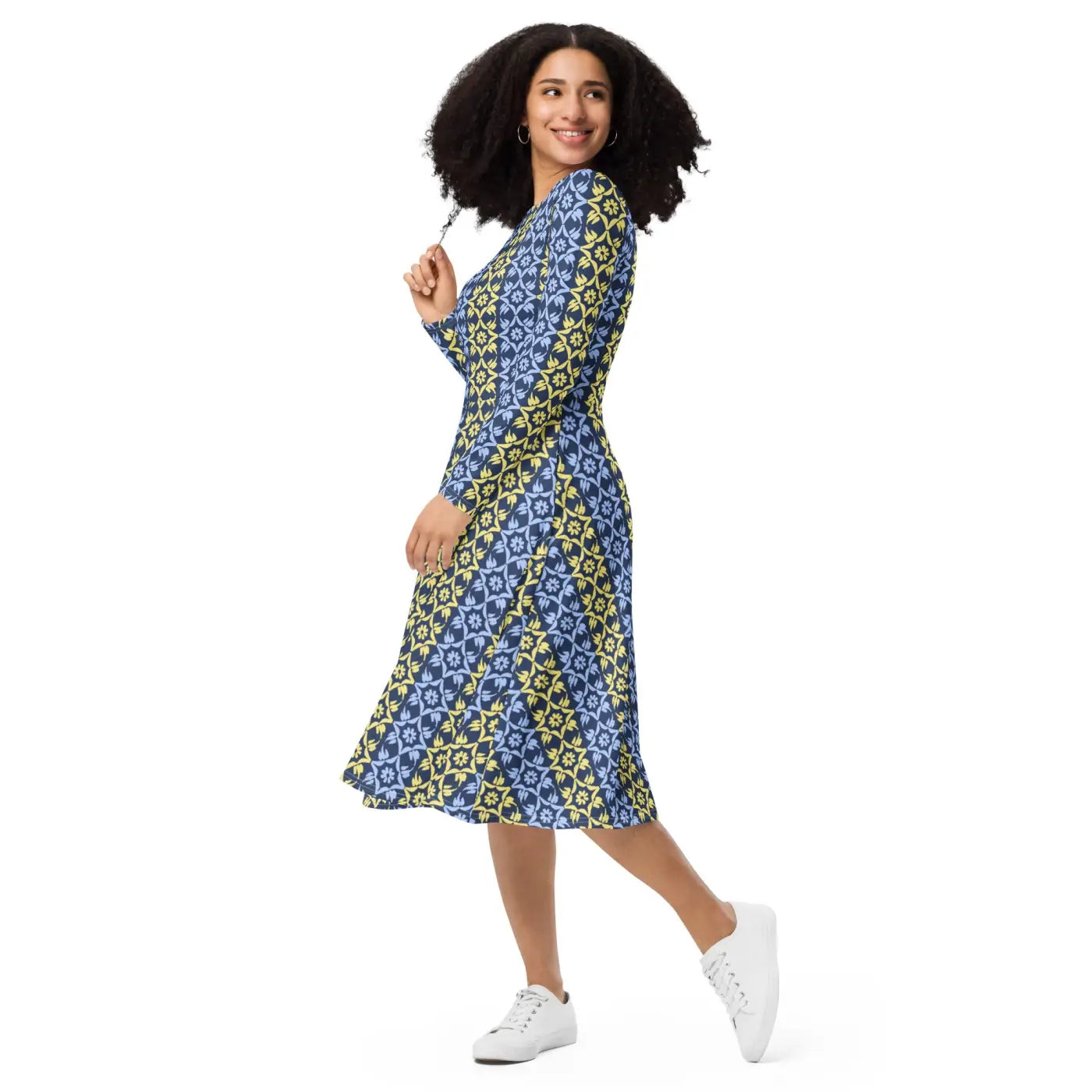 Vibrant Blue and Yellow Long Sleeve Midi Dress - DipaliZ