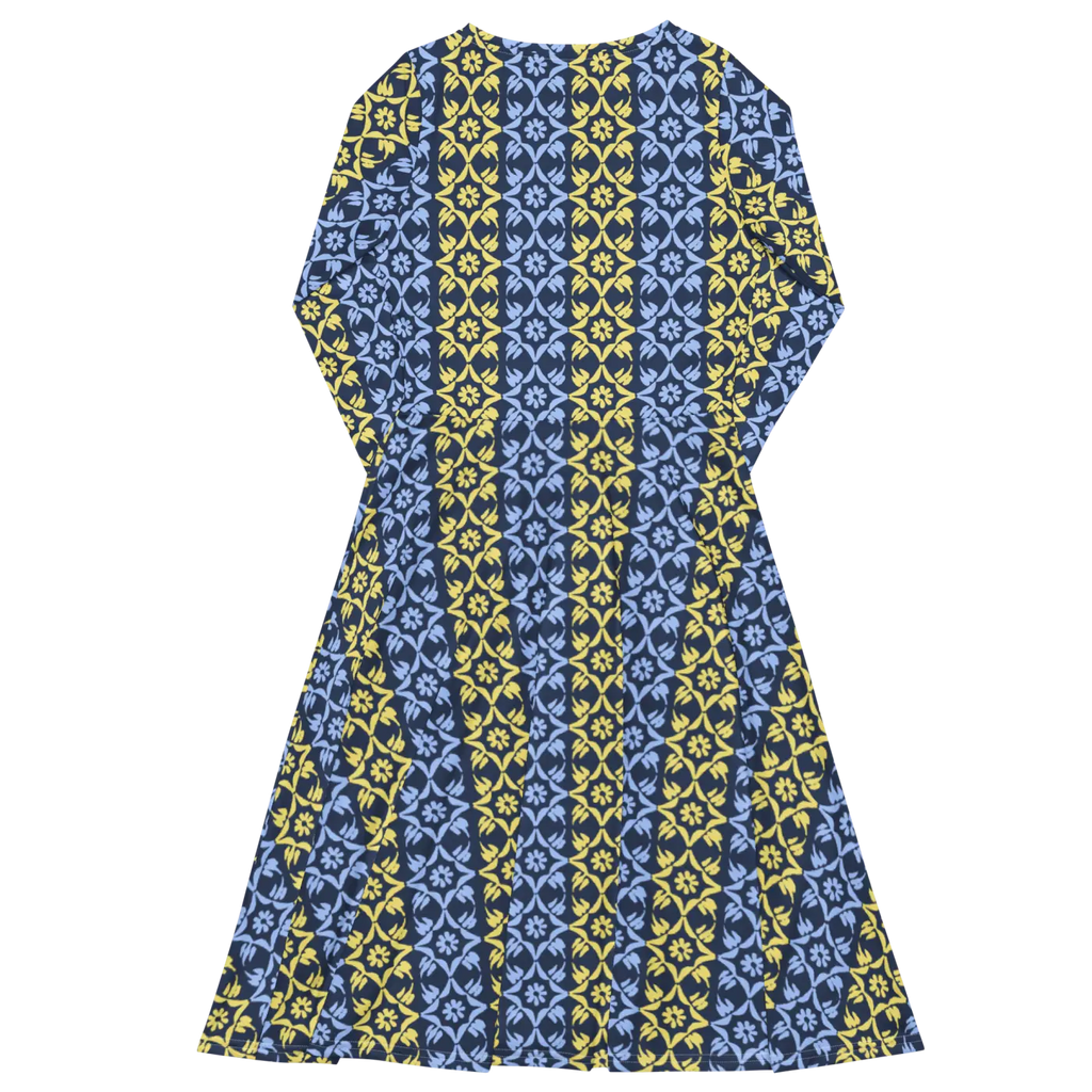 Vibrant Blue and Yellow Long Sleeve Midi Dress - DipaliZ