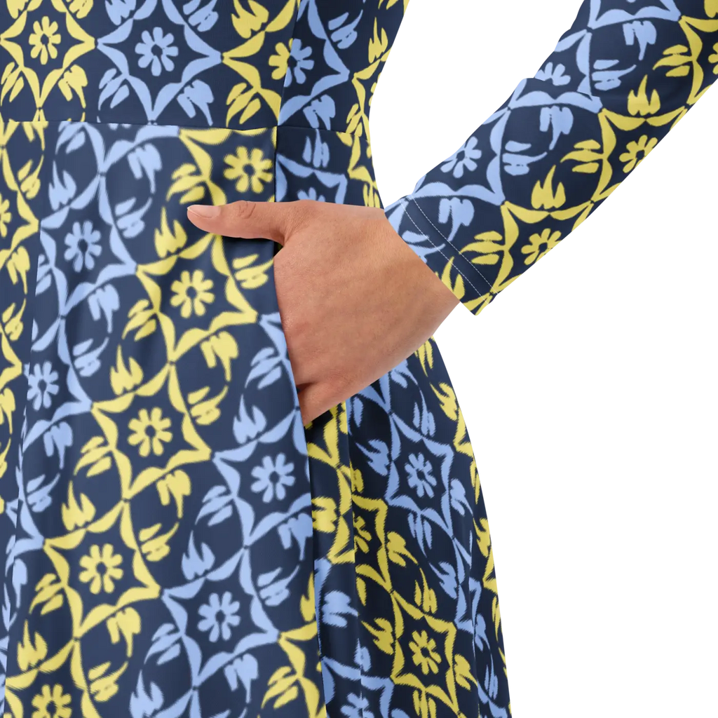 Vibrant Blue and Yellow Long Sleeve Midi Dress - DipaliZ