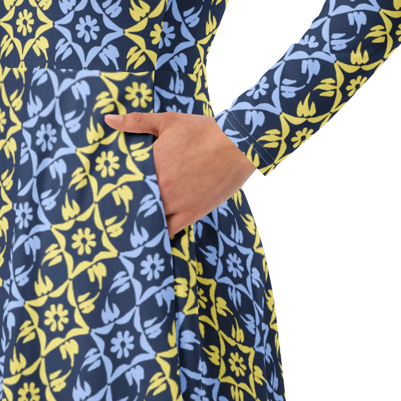 Vibrant Blue and Yellow Long Sleeve Midi Dress - DipaliZ