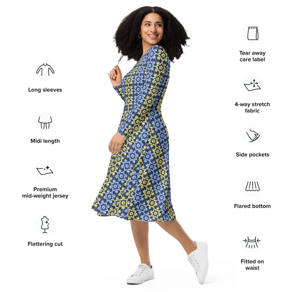 Vibrant Blue and Yellow Long Sleeve Midi Dress - DipaliZ