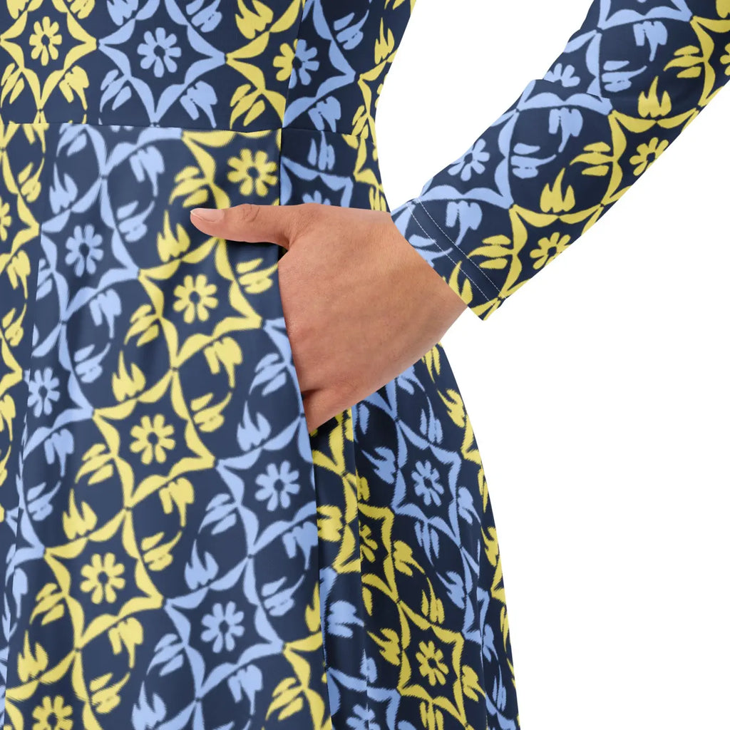 Vibrant Blue and Yellow Long Sleeve Midi Dress - DipaliZ