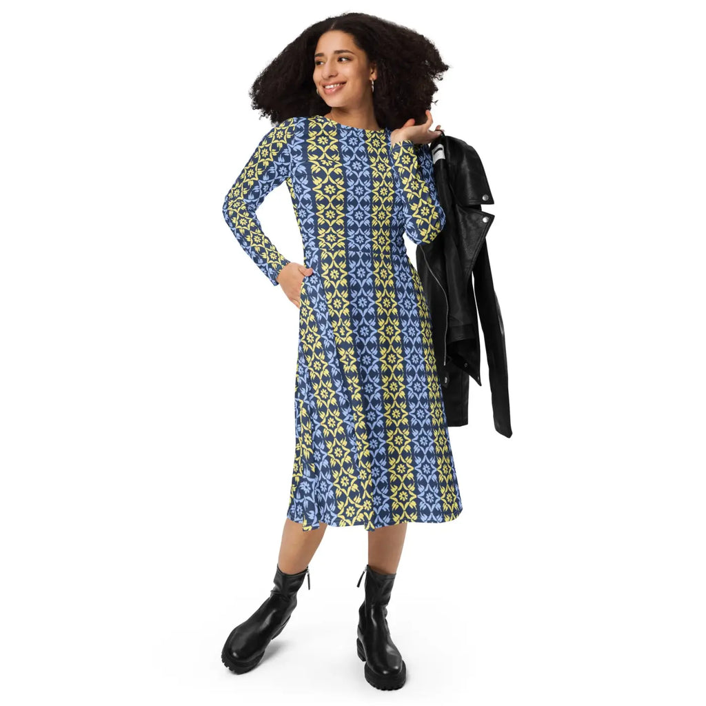 Vibrant Blue and Yellow Long Sleeve Midi Dress - DipaliZ