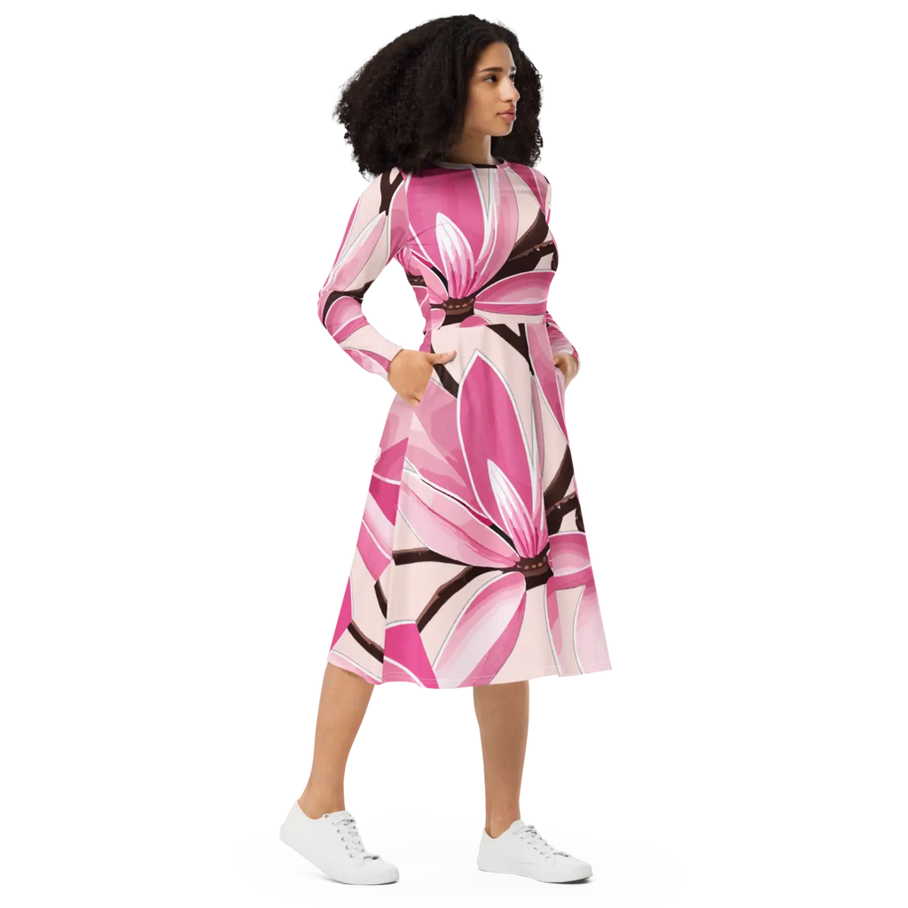 Print Long Sleeve Midi Dress - Pink Magnolia Floral - DipaliZ