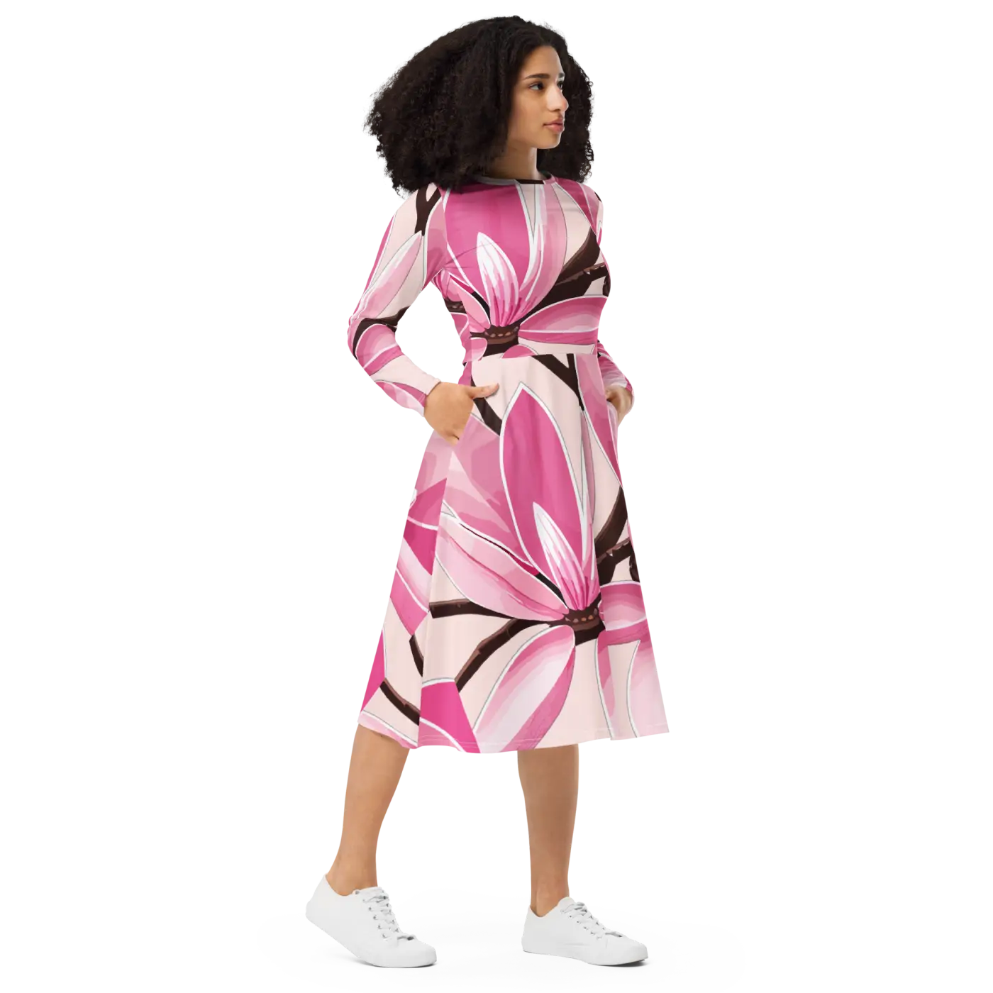 Print Long Sleeve Midi Dress - Pink Magnolia Floral - DipaliZ