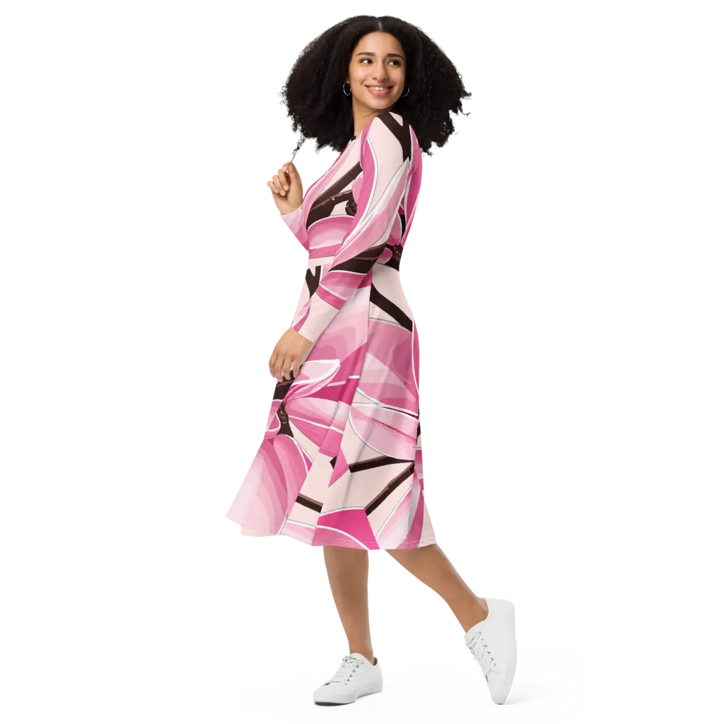 Print Long Sleeve Midi Dress - Pink Magnolia Floral - DipaliZ