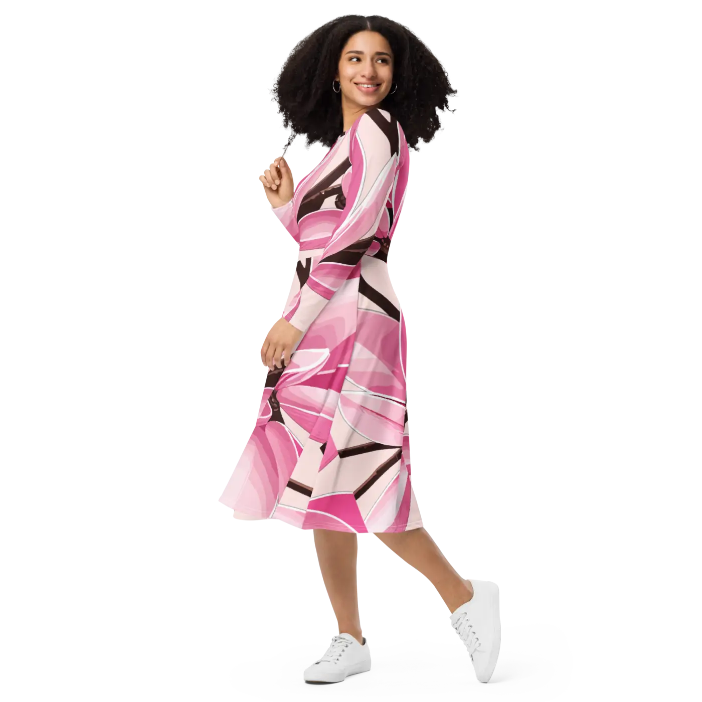 Print Long Sleeve Midi Dress - Pink Magnolia Floral - DipaliZ