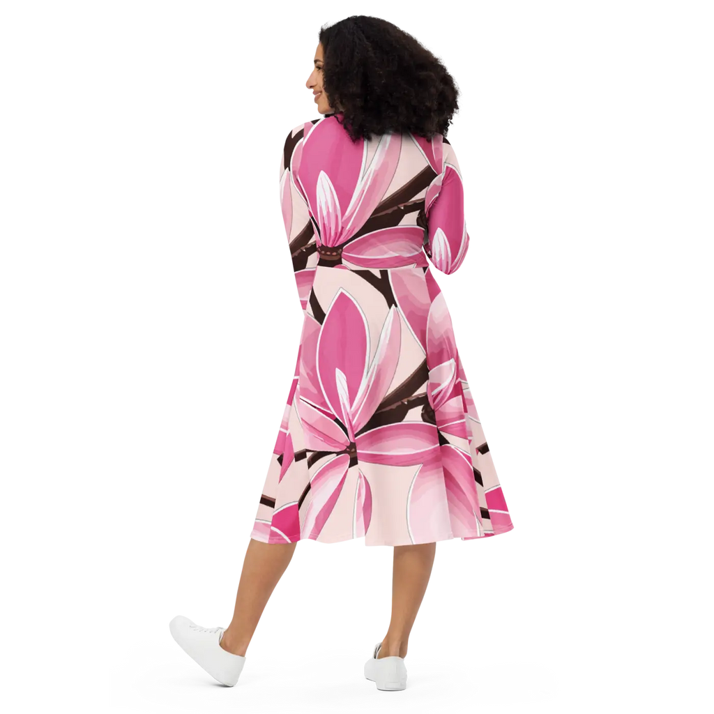 Print Long Sleeve Midi Dress - Pink Magnolia Floral - DipaliZ