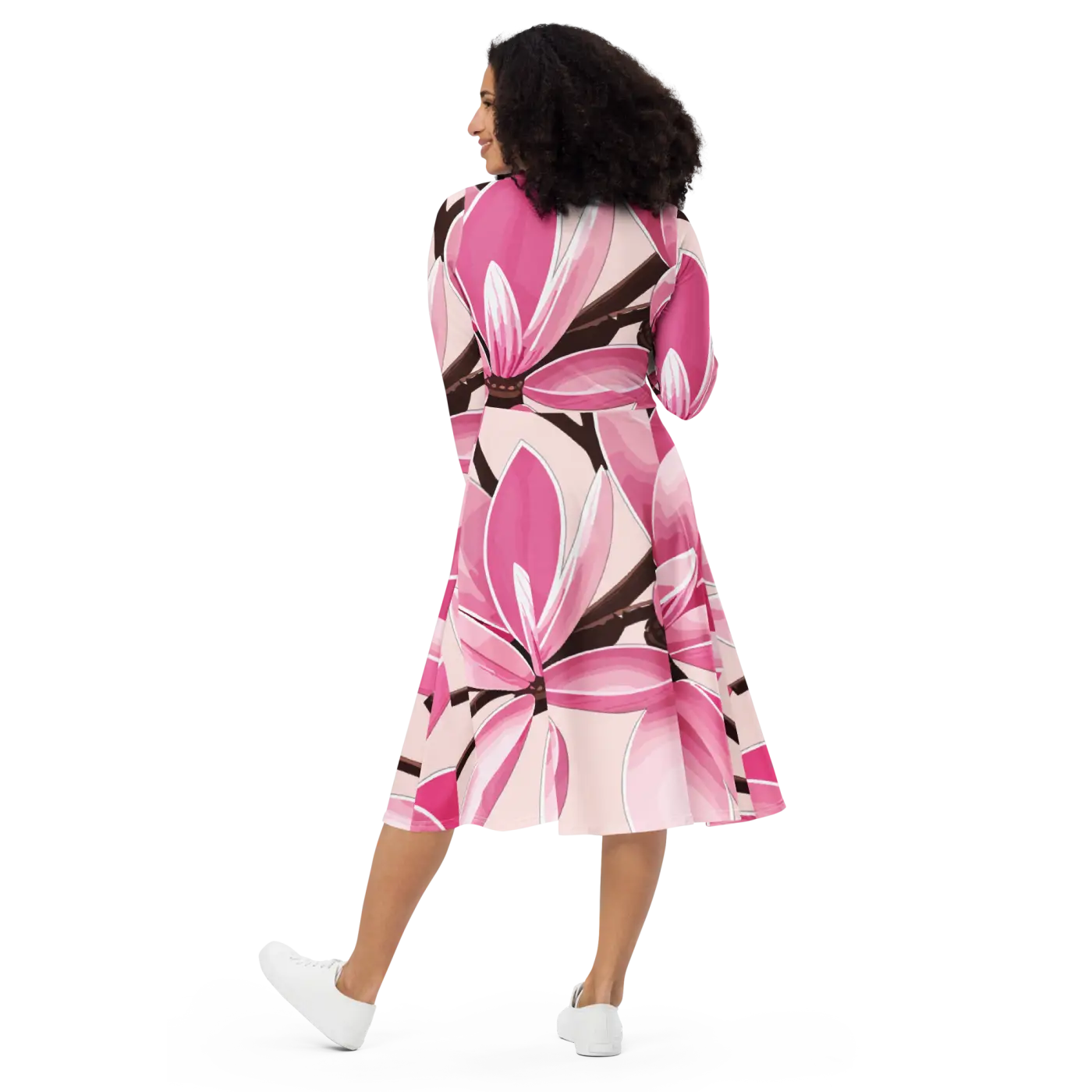 Print Long Sleeve Midi Dress - Pink Magnolia Floral - DipaliZ
