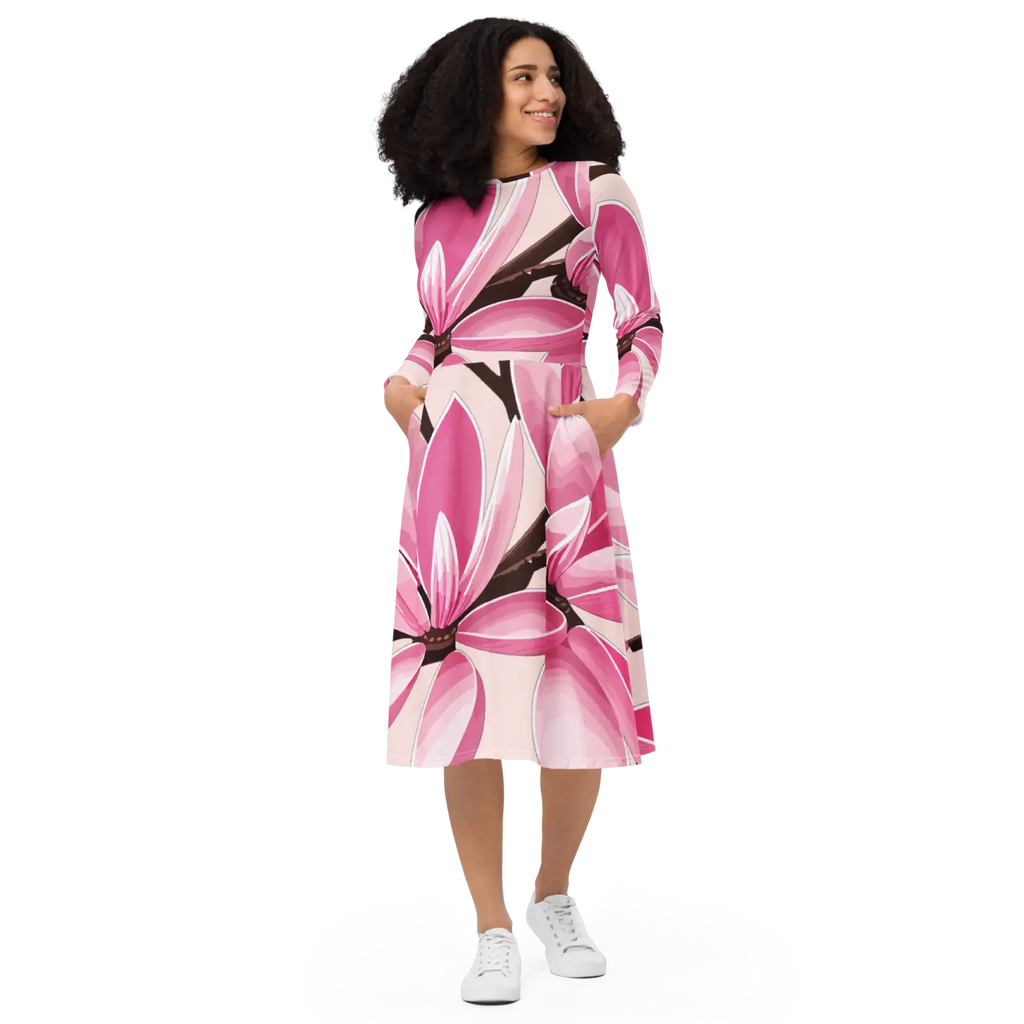 Print Long Sleeve Midi Dress - Pink Magnolia Floral - DipaliZ