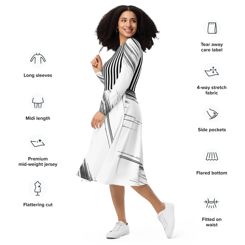 Long Sleeve Midi Dress - Show Stopping Print Design - DipaliZ