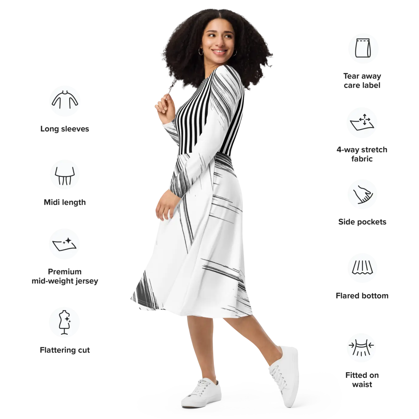 Long Sleeve Midi Dress - Show Stopping Print Design - DipaliZ