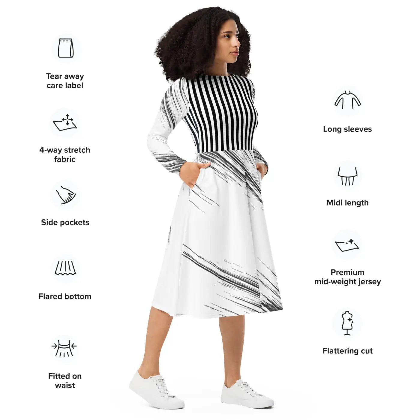 Long Sleeve Midi Dress - Show Stopping Print Design - DipaliZ