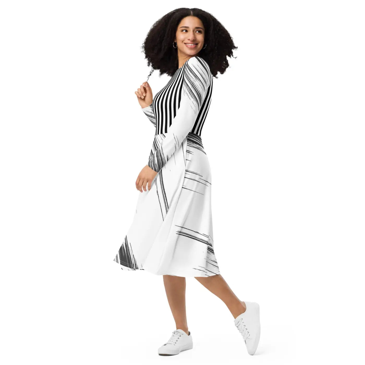 Long Sleeve Midi Dress - Show Stopping Print Design - DipaliZ