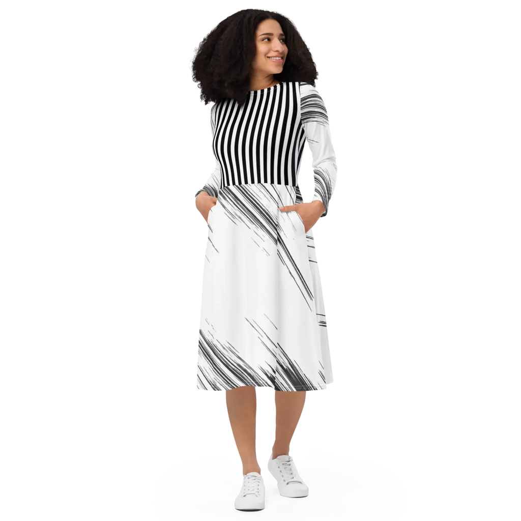 Long Sleeve Midi Dress - Show Stopping Print Design - DipaliZ