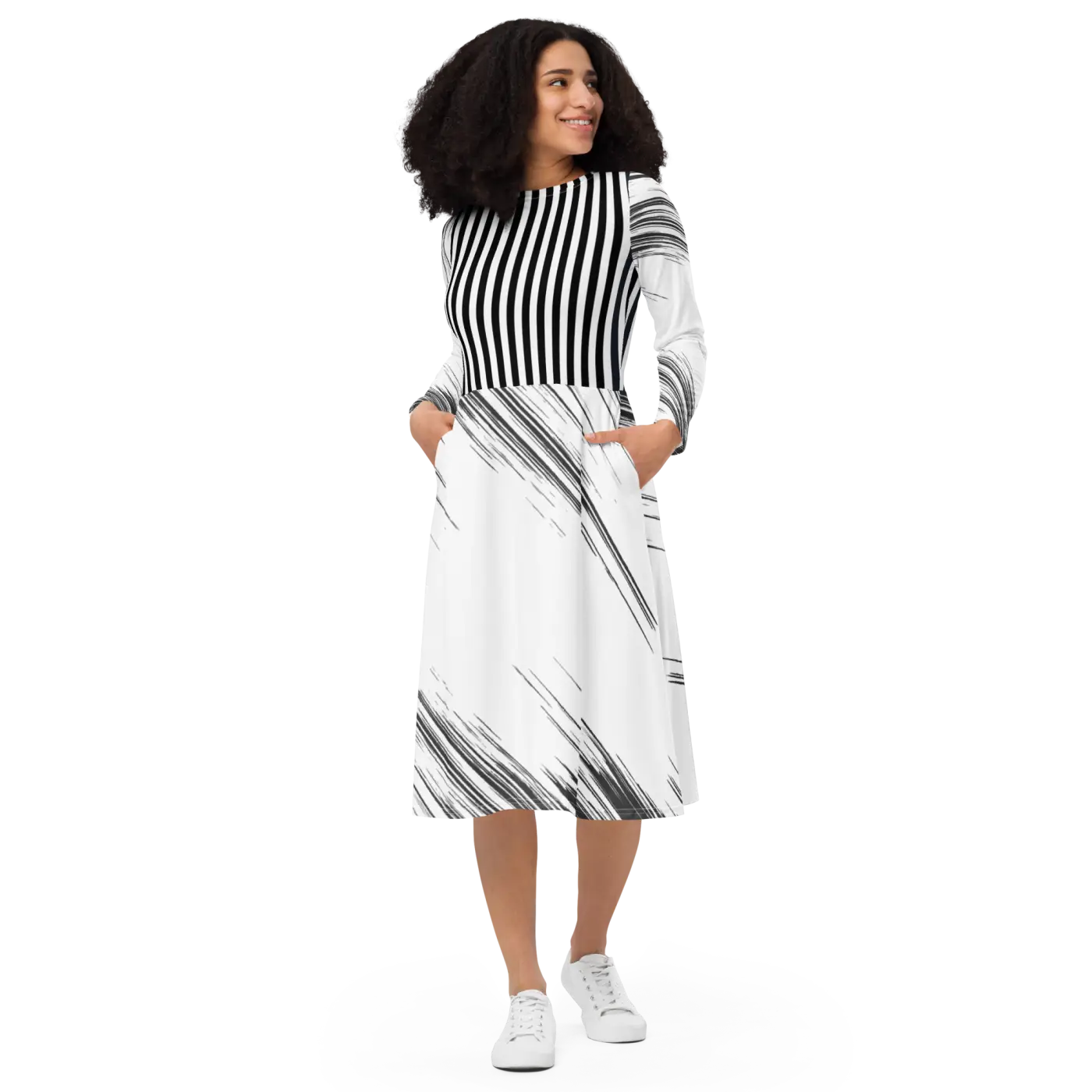 Long Sleeve Midi Dress - Show Stopping Print Design - DipaliZ