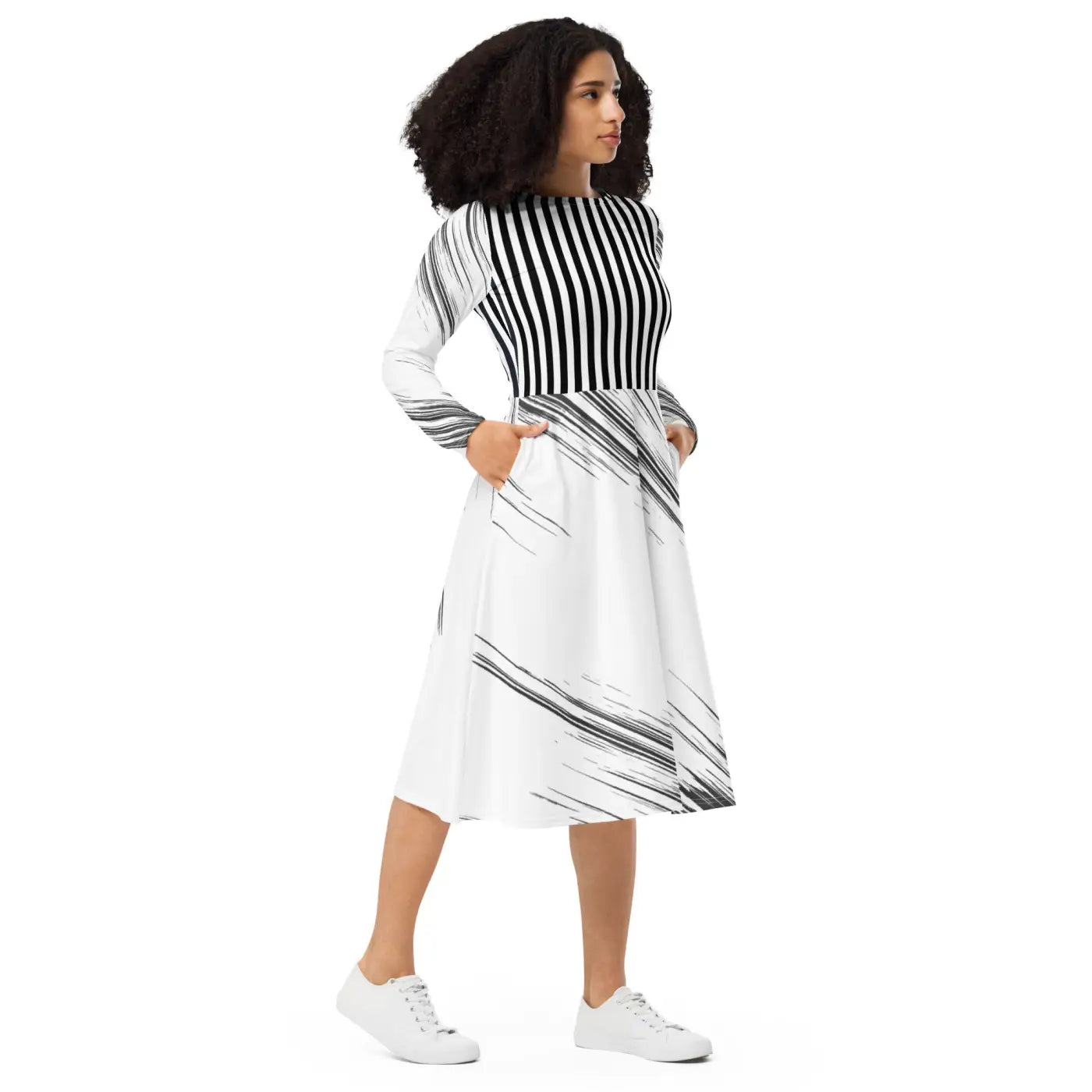 Long Sleeve Midi Dress - Show Stopping Print Design - DipaliZ