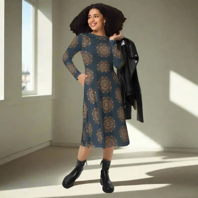 Print Long Sleeve Midi Dress - Artistic Elegance - DipaliZ