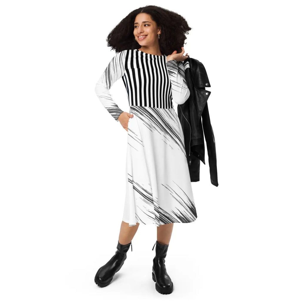 Long Sleeve Midi Dress - Show Stopping Print Design - DipaliZ