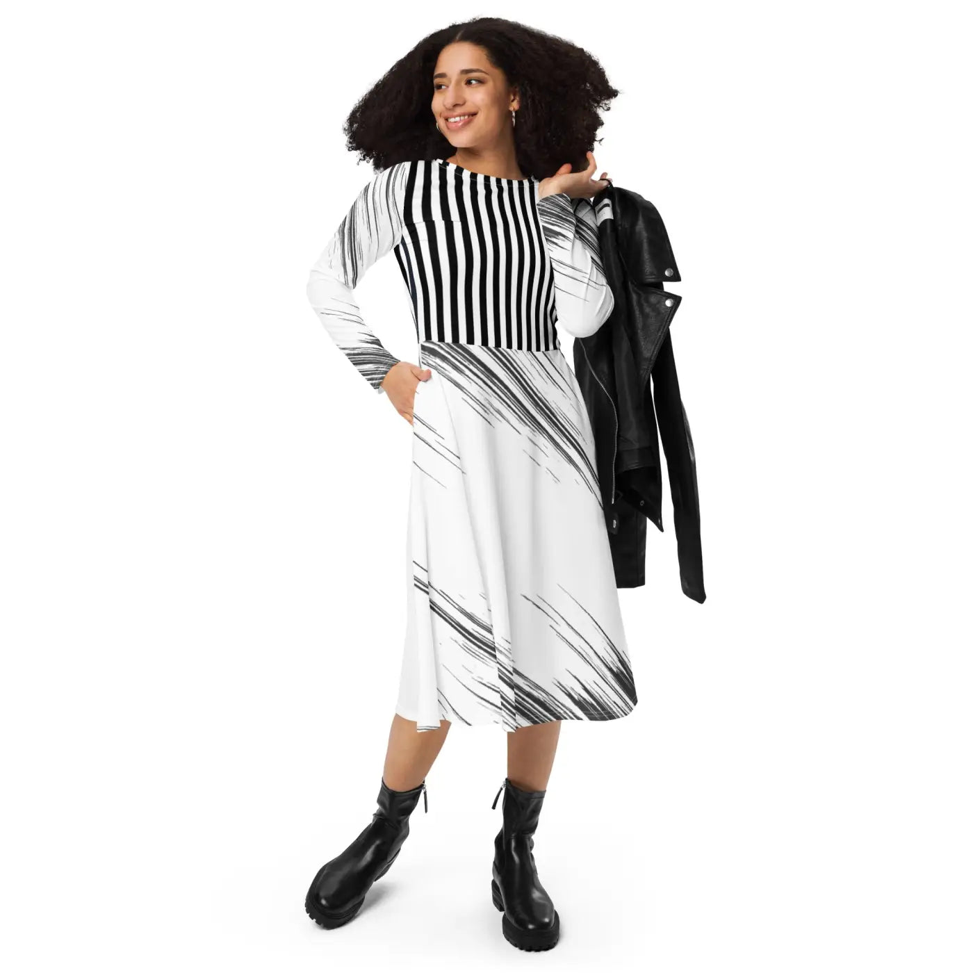 Long Sleeve Midi Dress - Show Stopping Print Design - DipaliZ