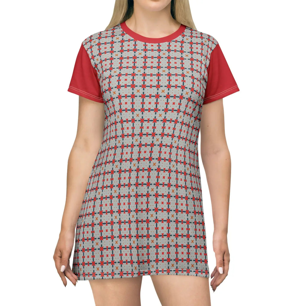 Red Pattern Shirt Dress - Bold Print Design - DipaliZ