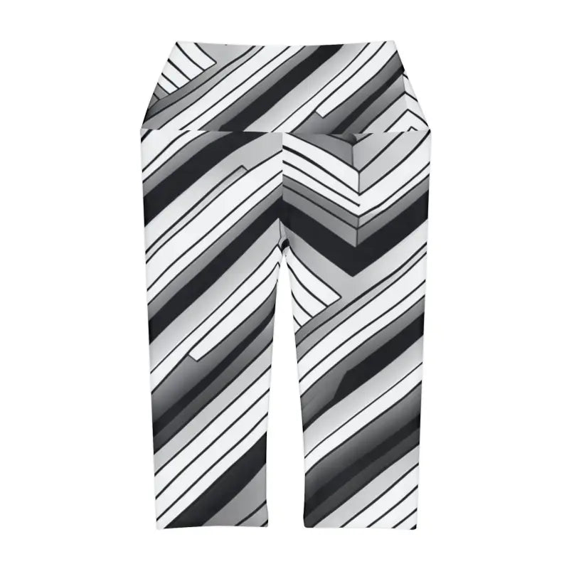 Yoga Capri Leggings - Abstract Grey Black Striped - DipaliZ