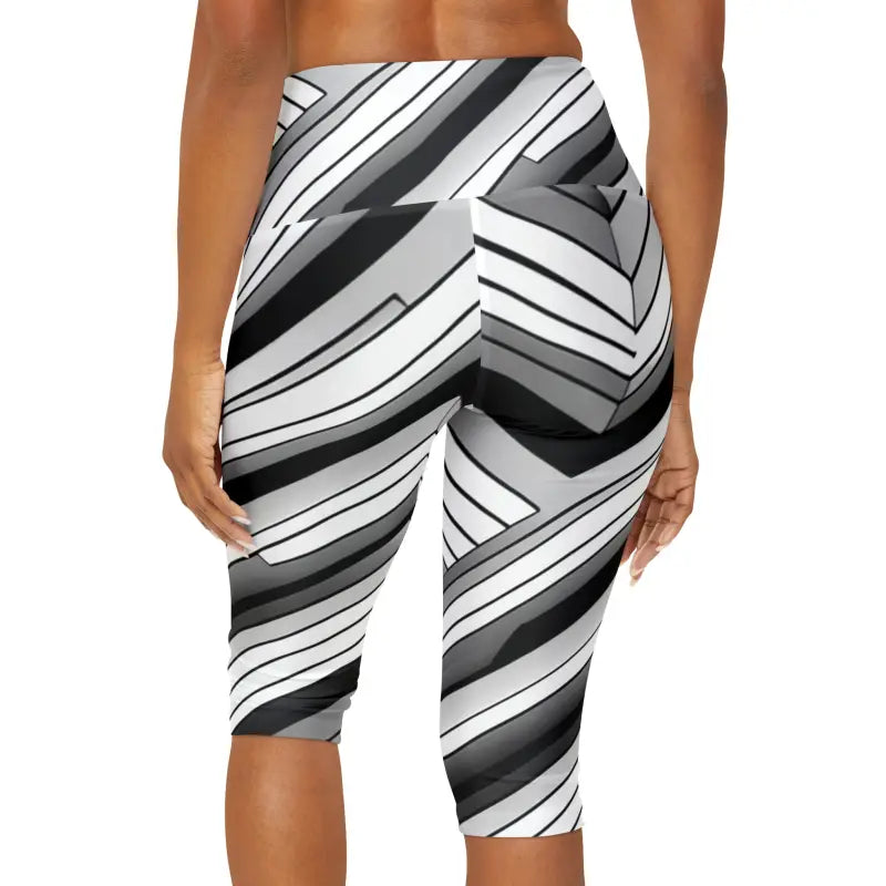 Yoga Capri Leggings - Abstract Grey Black Striped - DipaliZ