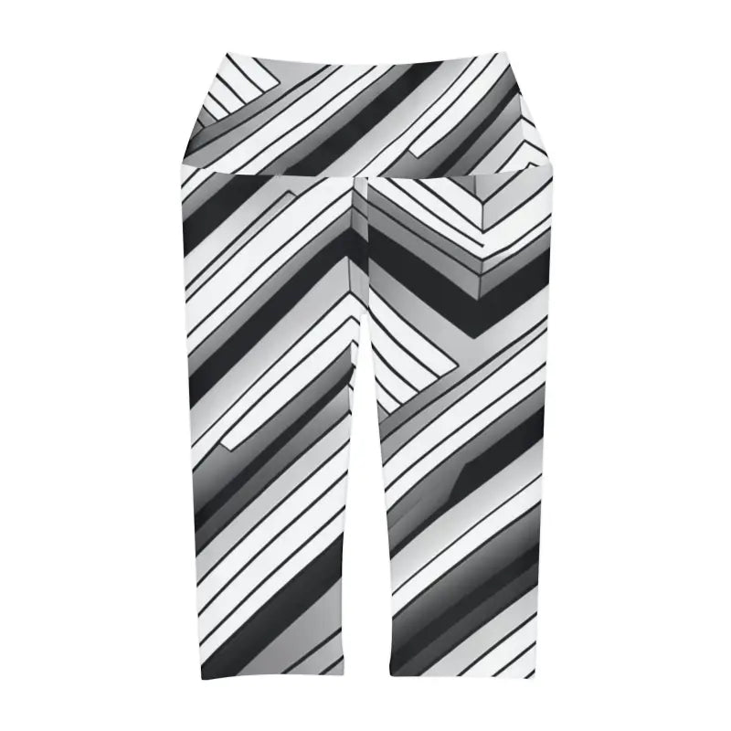 Yoga Capri Leggings - Abstract Grey Black Striped - DipaliZ