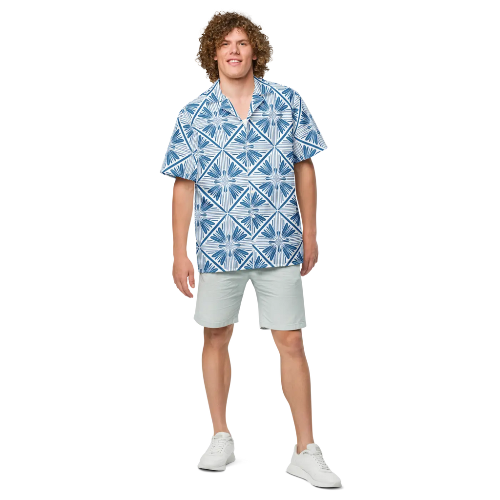 Art Deco Capri Blue Unisex Button Shirt - Summer Cool - DipaliZ