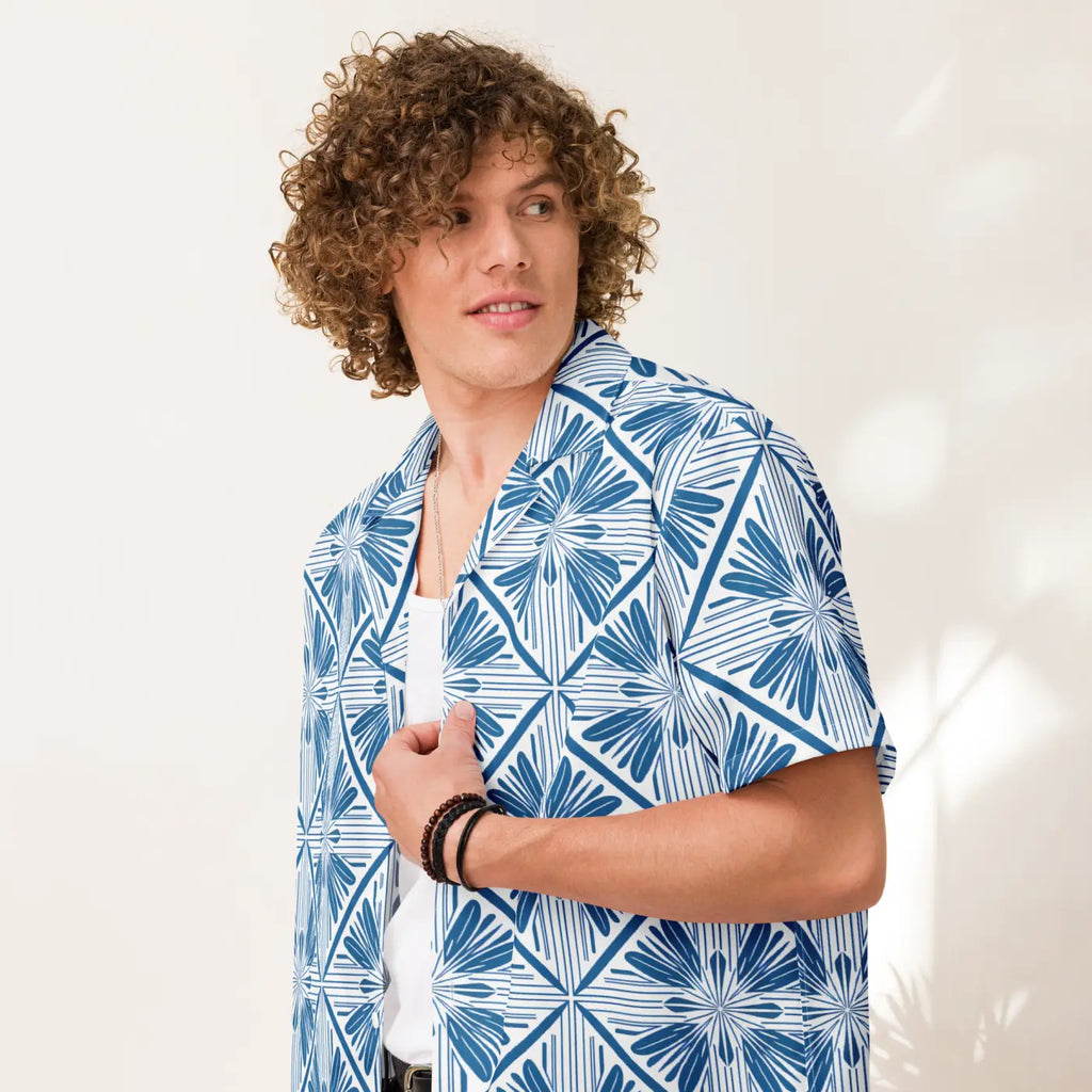 Art Deco Capri Blue Unisex Button Shirt - Summer Cool - DipaliZ