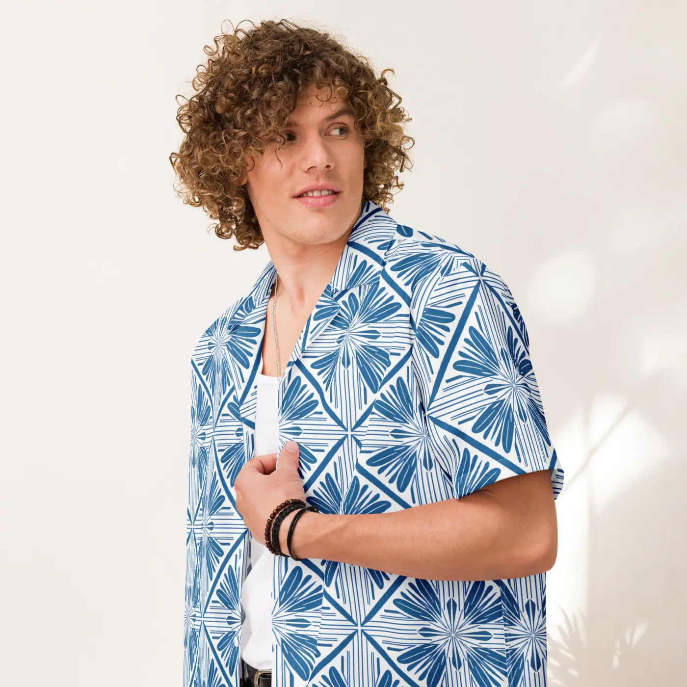 Art Deco Capri Blue Unisex Button Shirt - Summer Cool - DipaliZ
