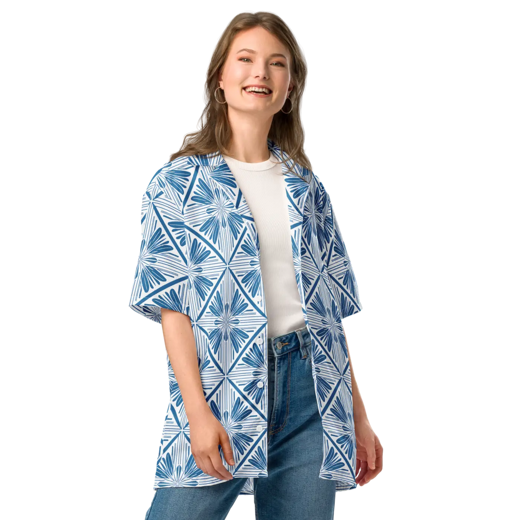 Art Deco Capri Blue Unisex Button Shirt - Summer Cool - DipaliZ