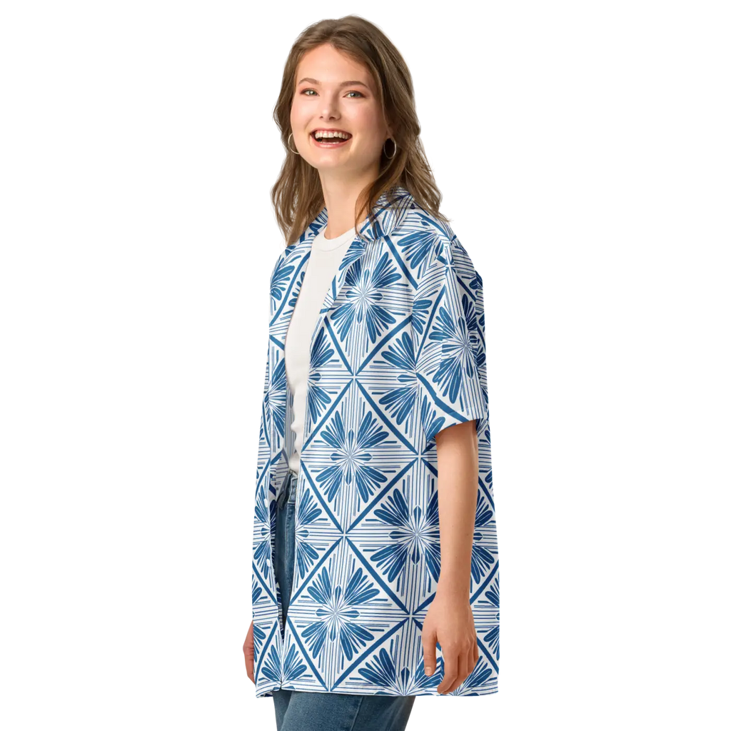 Art Deco Capri Blue Unisex Button Shirt - Summer Cool - DipaliZ