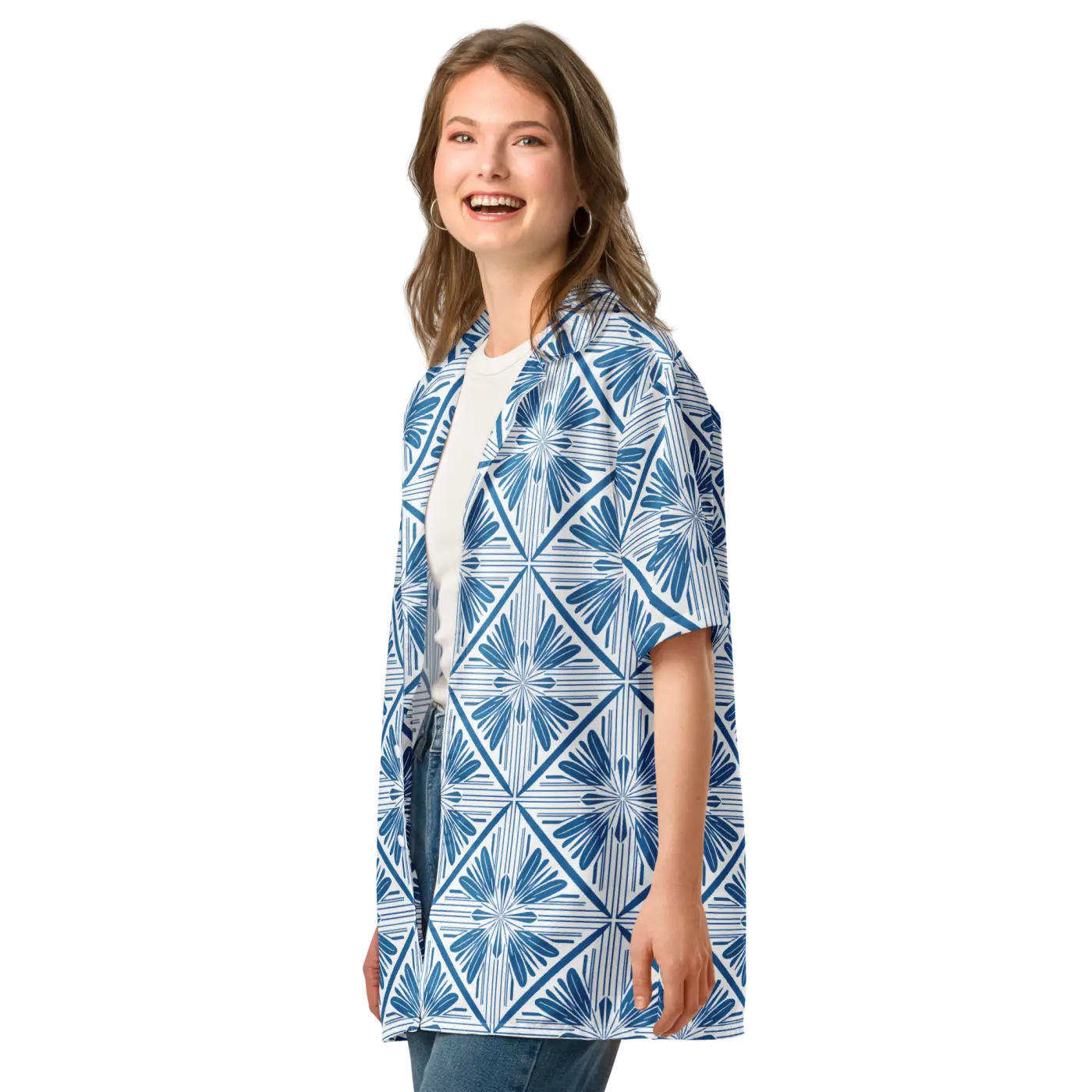 Art Deco Capri Blue Unisex Button Shirt - Summer Cool - DipaliZ