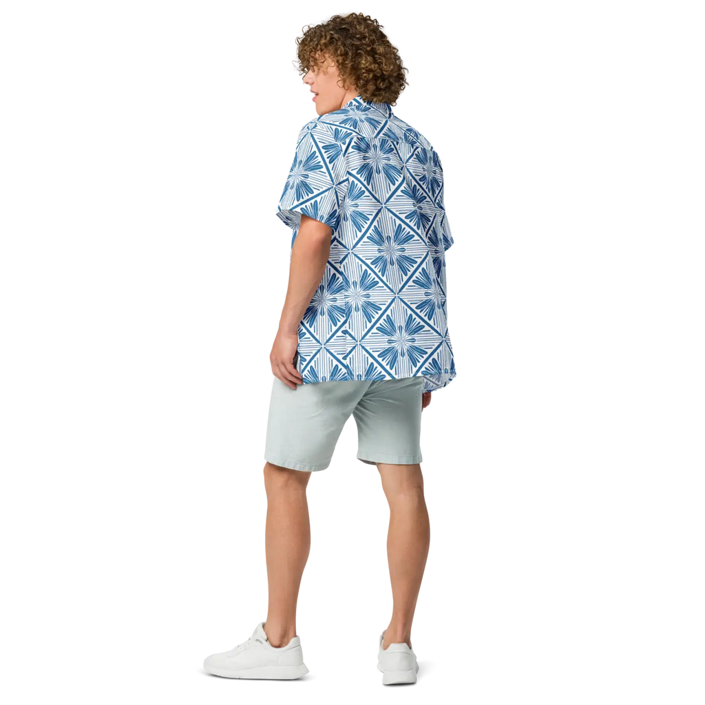 Art Deco Capri Blue Unisex Button Shirt - Summer Cool - DipaliZ