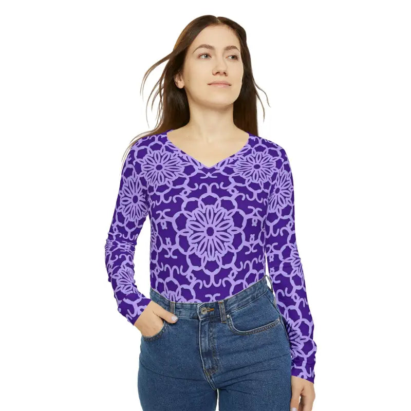 Blue and Purple Abstract Long Sleeve Tee for Women - DipaliZ