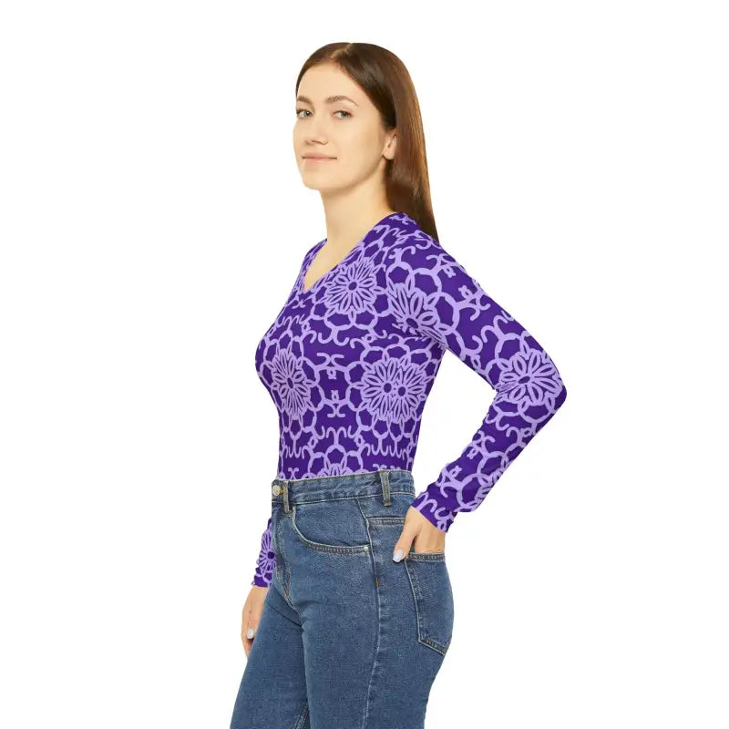 Blue and Purple Abstract Long Sleeve Tee for Women - DipaliZ