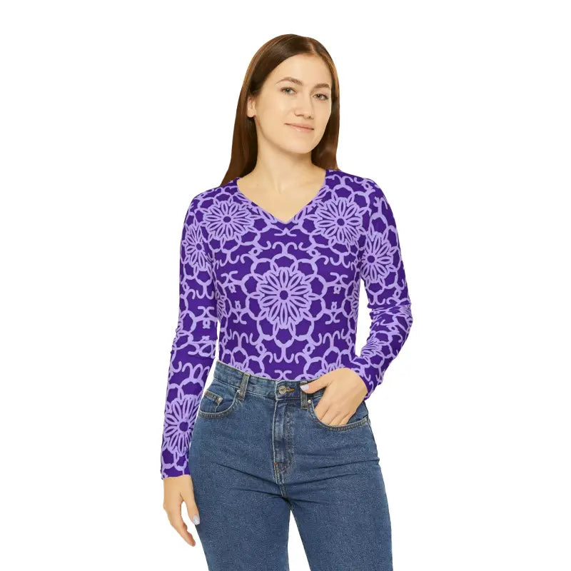 Blue and Purple Abstract Long Sleeve Tee for Women - DipaliZ