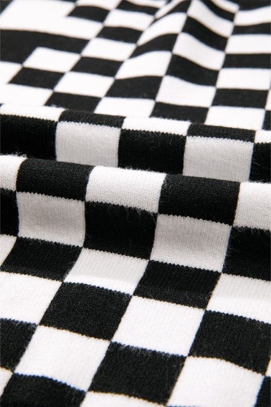 Checker Round Neck Drop Shoulder Sweater