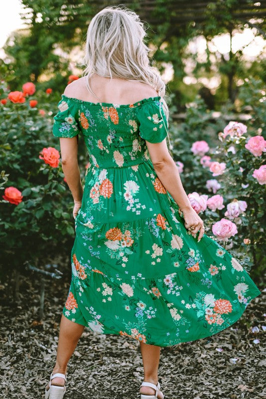 Kailany Floral Bubble Sleeve Smocked Tiered Midi D