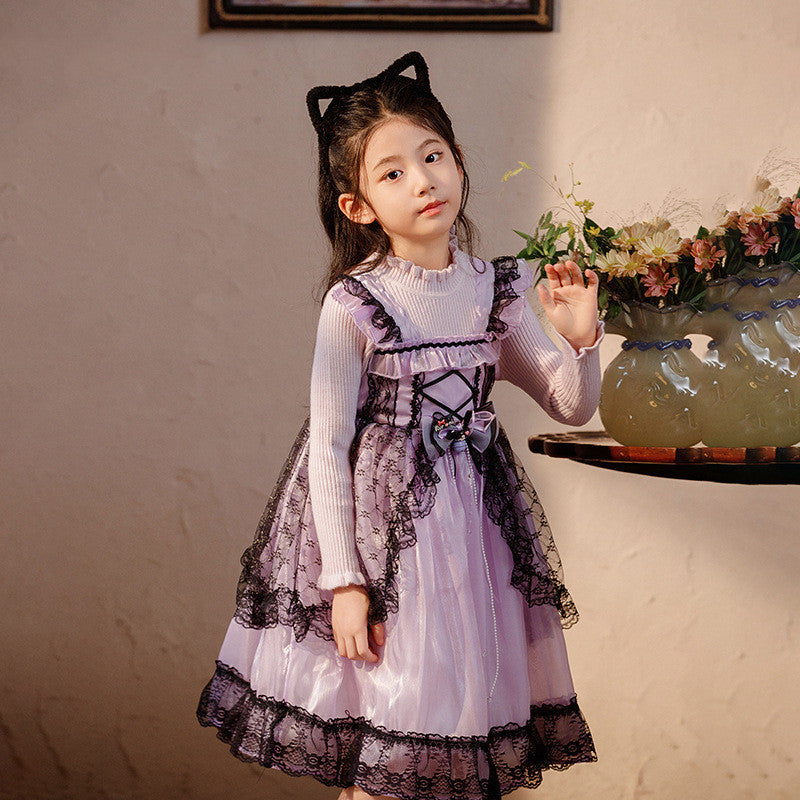LITTLE Girls light purple silk with long sleeve with black lace trim ascent design dress