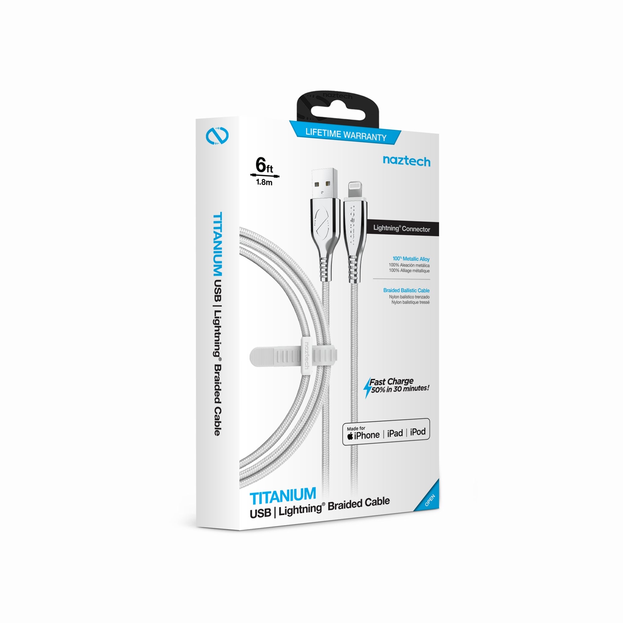 Naztech Titanium USB to MFi Lightning Braided Cable 6ft